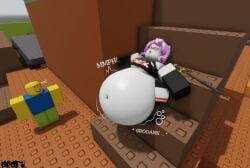1boy 1girls 3d_animation battle big_belly blush dedrt digestion female_pred grey_skin guest_(roblox) huge_belly loser noob noob_(roblox) open_mouth pink_hair pleasure_face roblox shorts sword text tongue_out unknown_prey vore
