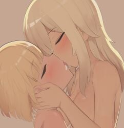 2girls absurdres blonde_hair blush breasts closed_eyes commentary cum_swap french_kiss higa_kana higa_suzu highres kissing large_breasts long_hair multiple_girls okinawa_de_suki_ni_natta_ko_ga_hougen_sugite_tsurasugiru recklessdraw short_hair siblings sisters tan yuri
