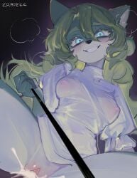 anthro black_background blue_eyes bodily_fluids breasts clothing crazy_eyes cum cum_in_pussy cum_in_vagina cum_inside dress duo female female_penetrated first_person_view genital_fluids genitals green_hair grinning_at_viewer hair hi_res krapekk leash leashed_pov looking_at_viewer male male/female male_penetrating male_penetrating_anthro male_penetrating_female mammal nipples penetration penile penile_penetration penis penis_in_vagina pussy sex simple_background translucent translucent_clothing translucent_dress vaginal_penetration vulva