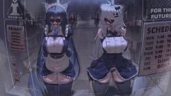 2girls ahoge alternate_breast_size_(larger) arknights arms_behind_back bdsm black_dress black_hair black_thighhighs blindfold blush bondage bound bound_arms breasts commentary commission dress english_commentary enmaided gag grey_hair highres huge_breasts kajoki kneeling lappland_(arknights) long_hair maid maid_headdress multiple_girls restrained scar scar_across_eye scar_on_face second-party_source texas_(arknights) thighhighs thighs tongue tongue_out very_long_hair