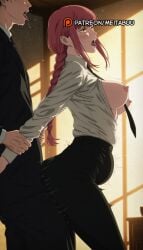 1boy ahe_gao ai_generated arm_grab arm_held_back ass_ripplemakima_(chainsaw_man) between_breasts big_belly black_hair black_necktie black_pants blush bouncing_breasts braid braided_ponytail breasts breasts_out business_suit buttoned_cuffs chainsaw_man clothed_sex collared_shirt drooling female formal from_side high-waist_pants indoors inflation large_breasts long_hair long_sleeves makima_(chainsaw_man) male medium_breasts meitabuu motion_lines necktie necktie_between_breasts nipples no_bra open_clothes open_mouth open_shirt pants red_hair ringed_eyes rolling_eyes saliva saliva_trail sex sex_from_behind shirt shirt_tucked_in short_hair sidelocks solo_focus standing standing_sex stomach_bulge straight suit sunlight sweat teeth tongue tongue_out white_shirt window yellow_eyes