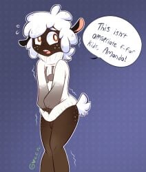 amanda_the_adventurer black_skin covering_privates cute danisshippies femboy freckles freckles_on_ass freckles_on_face human lamb nervous orange_eyes penis shaking sheep sheep_ears suggestive thighs white_freckles white_hair white_sweater white_tail wooly_(amanda_the_adventurer)