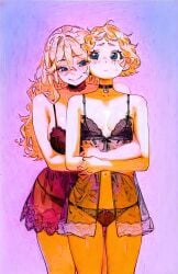 2girls ai_generated artist_name babydoll bare_shoulders black_bra black_choker black_panties blonde_hair blue_eyes blush bow bow_panties bra breasts choker cleavage closed_mouth collarbone cowboy_shot gloomproject hair_between_eyes heart height_difference hug hug_from_behind lace_trim large_breasts lingerie long_hair looking_at_another medium_breasts multiple_girls navel negligee nightgown panties reward_available see-through self_upload short_hair simple_background small_breasts smile standing sweat sweatdrop traditional_media underwear underwear_only wavy_hair yuri