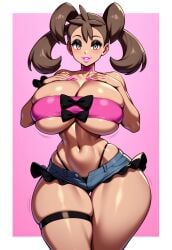 1girls ai_generated big_breasts bimbo bimbo_body bimbo_lips bimbofication bimbofied blush blush_lines bottom_heavy breasts brown_hair choker cleavage eyeshadow female frilled_shorts frills game_freak green_eyes hands_on_breasts hands_on_own_chest huge_ass huge_breasts lipstick makeup massive_breasts micro_shorts navel novelai pokemon pokemon_xy scrunchie shauna_(pokemon) shiny_skin short_shorts simple_background skindentation smile solo solo_female tan tan_body tan_skin tgm101_(artist) thick_lips thick_thighs thigh_strap thin_waist thong tube_top tubetop underboob wide_hips wrist_scrunchie