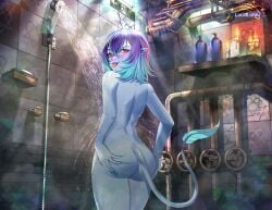 androgynous blue_skin bottom_heavy curvy_figure demon femboy feminine genderqueer hands_on_ass incubus lucidluna2 mimcubus nonbinary pointy_ears red_eyes shower showering solo sticking_out_tongue tail thick_thighs two_tone_hair wet_body wide_hips