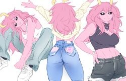 abs ass ass_focus bedroom_eyes belly black_sclera cleavage cleavage_cutout fit fit_female holic_fz jean_shorts jeans looking_at_viewer mina_ashido my_hero_academia post-timeskip tight_clothing toned_female yellow_eyes yellow_horns
