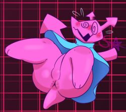 1boy 2025 anus anus_peek artist_signature asshole balls ballsack blue_dress blush deltarune deltarune_chapter_2 dress genitals grid_background male male_only pink_body simple_background solo solo_male sourangel sweat sweating sweaty swirly_eyes tagme testicles under_dress undertale upskirt upskirt_view virovirokun