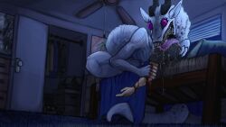 16:9 acidic ambiguous_gender bed black_hair blood bodily_fluids clothed clothing drooling duo feral fur furniture gore hair hard_vore human inside mammal on_bed open_mouth purple_eyes saliva sharp_teeth shirt synx t-shirt tan_body teeth tongue tongue_out topwear vore white_body white_fur widescreen