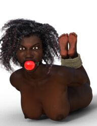 1girls 3d angry ball_gag breasts dark-skinned_female dark_skin daz3d feet female gag gagged hogtie naked_hogtie tikka