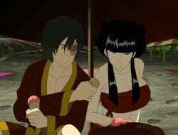 1boy avatar_the_last_airbender beach beach_umbrella big_breasts canon_couple cleavage female food ice_cream large_breasts mai_(avatar) noblewoman outdoors prince screencap screenshot screenshot_edit umbrella zuko
