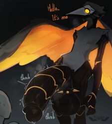 absurd_res ambiguous_gender anthro avian ball_ring balls big_balls big_penis bird black_body black_fur black_wings dialogue duo erection fur genitals hi_res huge_balls huge_cock hyper hyper_balls hyper_genitalia hyper_penis male male/ambiguous nude onomatopoeia orange_wings penis saggy_balls slim slim_anthro slim_male small_waist sound_effects spiked_ring spread_wings text thick_penis throbbing two_tone_wings wings xeono