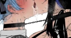 big_breasts black_hair blue_hair blush blush carrot_011 chain_leash choker french_kiss french_kissing hololive hololive_english hololive_japan hoshimachi_suisei kissing leash_and_collar lesbian_kiss nerissa_ravencroft shared_leash sweatdrop sweating vtuber yuri yuri
