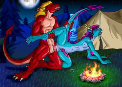 abs anal anal_sex anthro anus ass biceps blonde_hair blue_dragon blue_scales camp campfire chryseus closed_mouth dragon erection fire fur furry furry_only gay hair male max-dragon moon muscles night nipples no_humans open_mouth penetration penis purple_fur purple_hair red_dragon red_eyes scalie sex slit smile teeth whiskers yellow_eyes