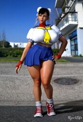 3d_(artwork) capcom chun-li cosplay crop_top female gloves huge_breasts ryu4life sakura_kasugano_(cosplay) shoes skirt street_fighter thick_thighs voluptuous_female