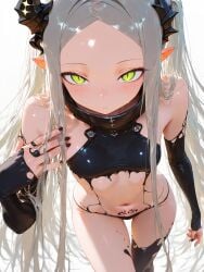 arm_sleeves bare_shoulders black_panties black_topwear goddess_of_victory:_nikke grey_hair horns leviathan_(nikke) petite pointy_ears small_breasts stomach_tattoo succubus_tattoo