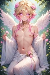 ai_generated angel angel_boy angel_wings blonde_hair blonde_hair blonde_hair_male blonde_male cute eros femboy flower_crown flower_in_hair flower_on_head flowers god god_of_love greek_god greek_mythology heart heart-shaped_pupils heart_eyes lithe nipples pink pink_eyes pink_hair pink_hair_male pink_nipples pretty twink