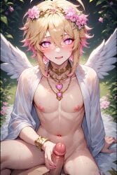 2boys ai_generated angel angel_boy angel_wings blonde_hair blonde_hair blonde_hair_male blonde_male cock cupid cute eros femboy flower_crown flower_in_hair flower_on_head flowers god god_of_love greek_god greek_mythology handjob heart heart-shaped_pupils heart_eyes lithe nipples penis pink pink_eyes pink_hair pink_hair_male pink_nipples pretty twink