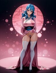 ai_generated blue_eyes blue_hair curly_hair fairy_tail floral_print full_body illustrious_(stable_diffusion) juvia_lockser large_breasts long_hair payop posing posing_for_the_viewer pubic_hair pussy solo stockings uncensored yukata