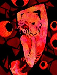arm_over_head body_horror dismemberment eyeball female guro highres homicipher looking_at_viewer mr._silvair no_mouth red_theme ribs solo squalid114617 static too_many_eyes upper_body