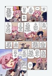 1boy 1girls blue_eyes blue_hair blue_skirt clothed clothed_female clothed_male clothes clothing comic comic_page comic_panel desk doki_doki_literature_club end_page ending english_text euf-dreamer last_page natsuki_(doki_doki_literature_club) phone pink_eyes pink_hair school_desk sketch skirt text text_box