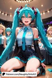 ahoge ai_generated aqua_eyes aqua_hair aqua_nails aqua_necktie arms_behind_back black_skirt blonde_hair blue_eyes blue_hair blue_necktie boots detached_sleeves hair_ornament hatsune_miku headphones headset long_hair multiple_girls naughtygirlsai necktie number_tattoo open_mouth pleated_skirt shirt skirt sleeveless sleeveless_shirt smile tattoo thigh_boots thighhighs twintails very_long_hair vocaloid