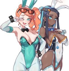 alternate_costume animal_ears bare_shoulders black_hair blue_eyeshadow blue_hair blush bow bowtie breasts commentary dark-skinned_female dark_skin detached_collar earrings elbow_gloves eyeshadow eyewear_on_head fake_animal_ears female garter_belt garter_straps gloves green_eyes hair_ornament heart heart_hair_ornament jewelry leotard long_hair looking_at_viewer makeup multicolored_hair nail_polish nessa_(pokemon) nintendo orange_hair partially_fingerless_gloves playboy_bunny pokemon pokemon_ss rabbit_ears raised_eyebrows skindentation solo sonia_(pokemon) streaked_hair symbol-only_commentary thighhighs white_gloves wrist_cuffs xiangzi_box