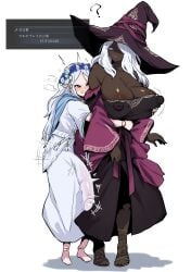 2girls ? absurdres areola_slip black_dress black_hat blue_eyes breasts clenched_teeth covered_nipples covered_penis dark-skinned_female dark_skin doll_joints dress elden_ring elden_ring_nightreign flower_wreath futa_with_female futanari grabbing_another's_breast grabbing_from_behind groping hat height_difference highres hug hug_from_behind huge_breasts huge_cock joints long_hair mochiume9 multiple_girls penis recluse_(elden_ring) revenant_(elden_ring) simple_background standing teeth translation_request white_background white_dress white_hair witch_hat