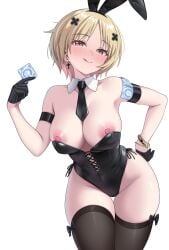 ace_(playing_card) ace_of_spades black_gloves black_necktie blonde_hair blush breasts card commentary commission condom condom_wrapper english_commentary female girls'_frontline gloves licking_lips mp40_(girls'_frontline) necktie nekobao nipples pantyhose playboy_bunny playing_card spade_(shape) tongue tongue_out white_background yellow_eyes