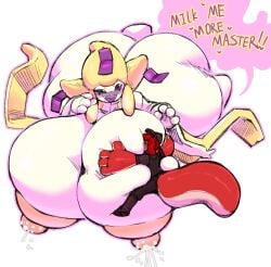 1boy 1girls areolae ass beepunz breasts english_text female female_focus game_freak hat hips horny hugging_breasts hyper_ass hyper_breasts jirachi lactating lactating_nipples lactation large_ass large_breasts larger_female male milk nintendo nipples nude nude_female octin_(beepunz) pokemon pokemon_(species) purple_sclera smaller_male smaller_male_larger_female text thick_thighs thighs tongue wide_hips