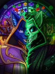 3:4 acidic anthro autopsy blue_body blue_ears blue_eyes blue_fur blue_inner_ear_fluff bone clothed clothing duo fangs felid feral front_view fur gore hi_res inner_ear_fluff looking_at_viewer male mammal murid murine open_mouth purple_clothing purple_topwear rat rodent skull solo_focus teeth topwear tuft