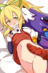 belly_button blonde_hair censored censored_penis censored_pussy feral feral_on_female feral_on_human green_eyes knot knotted_penis laying_down mega_man navel red_dress robot roll treble_(mega_man) wolf