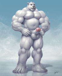 2012 anthro balls bear biceps big_muscles blue_eyes braford furry grin male male_only musclegut muscles pecs penis polar_bear pose retracted_foreskin solo uncut