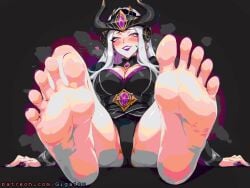 1girl 1girls ai_generated barefoot blush breasts close-up dithering excited feet foot_fetish foot_focus gigatsu league_of_legends league_of_legends:_wild_rift light-skinned_female light_skin looking_at_viewer looking_down pov presenting presenting_feet riot_games simple_background smile sole_female soles solo solo_female syndra taker_pov toes