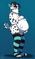 2013 4_toes anthro balls black_nose black_pawpads blush bow canine crossdressing dalmatian fetal_movement furry knee_socks male male_only male_pregnancy muzz pawpads penis pregnant sheath solo wagging ziadog