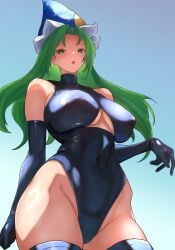 1girls big_breasts boob_window breasts clothed_female green_eyes green_hair hat light-skinned_female long_gloves long_hair mature_female mima moriforest1040 nipple_bulge solo solo_female spirit thick_thighs thighhighs thighs touhou touhou_(pc-98)