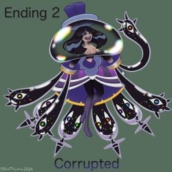 altered_common_sense alternate_color_scheme alternate_costume alternate_form alternate_hair_color bare_shoulders black_hair breasts clothed_exposure evelyn_(pokemon) exposed_chest femsub happy_trance hat long_hair meanthymine nihilego nintendo nipples pantyhose pokemon pokemon_sun_and_moon pokemon_xy post_transformation restrained tentacle text topless transformation ultra_beast