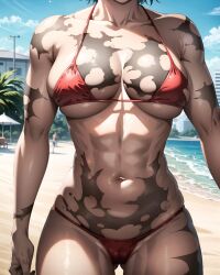 abs ai_generated armpit armpits athletic_female beach big_breasts dark_hair fit_female hourglass_figure huge_breasts jujutsu_kaisen muscular_female scars_all_over short_hair_female slim_waist small_bikini strong_woman tight_bikini tomboy wide_hips zenin_maki zoom_in