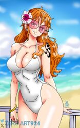 arm_tattoo black_tattoo breasts female female_only nami_(one_piece) one_piece orange_hair orange_hair_female post-timeskip solo swimsuit tagme tattoo zeroart924