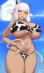 1girls ash_(fire_emblem) bangs bare_arms bare_midriff bare_shoulders bare_thighs bikini bra breasts brown_eyes cleavage collarbone cow_girl cow_print cow_print_bikini cow_print_bra cow_print_panties dark-skinned_female dark_skin earrings female female_only fire_emblem fire_emblem_heroes hand_on_own_chest huge_breasts long_hair midriff nintendo ooooshima_(m1n0v/haruyoshi_oshima) open_mouth outdoors panties pointy_ears shoulders sideboob skindentation smile solo sweat tail tail_grab thick_thighs thighs underboob underwear
