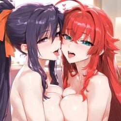 1:1 2girls ahoge ai-created ai_generated akeno_himejima asymmetrical_docking bangs big_breasts black_hair blue_eyes blurry blurry_background blush breast-to-breast breast_press breasts clavicle completely_nude crossed_bangs curvaceous curvaceous_female curvaceous_figure curvy curvy_figure female female_focus female_only green_eyes hair_between_eyes hair_ornament hair_ribbon heart high_school_dxd himejima_akeno huge_breasts indoors kissing large_breasts long_hair looking_at_viewer multiple_girls nipples nude open_mouth orange_ribbon ponytail purple_eyes purple_hair red_hair rias_gremory ribbon saliva saliva_trail sidelocks smile sweat symmetrical_docking take_your_pick tied_hair tongue tongue_out upper_body voluptuous voluptuous_female waifulover yuri