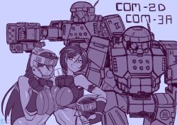 2024 2girls abdomen battlemech battletech bellybutton breast_squish breasts buttpants clothed_female commando_(battlemech) helmet house_steiner inkeranon long_hair mech mechwarrior midriff monochrome navel no_panties panties pinup short_hair signature sketch tagme tomboy twins