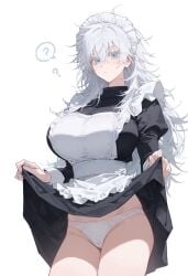 ai_generated clothed clothes_lift colored_eyelashes genderswap_(mtf) jujutsu_kaisen lifting_shirt looking_at_viewer maid maid_uniform male_to_female rule_63 satoru_gojo sissification skirt_lift white_eyelashes white_hair