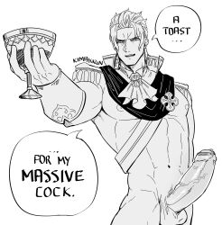 1boys balls bara barok_van_zieks big_penis black_and_white boasting chalice dialogue gyakuten_saiban kimakkun large_penis muscular muscular_male penis solo solo_male the_great_ace_attorney