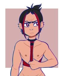 1boy black_hair choker ear_piercing edgy eyebrow_piercing hexanne looking_away male_breasts male_focus male_only piercing pulling_shirt punk red_highlights revealing_breasts rock_star_(hexanne) rockstar rule_63 showing_off_breasts star_(hexanne) tagme