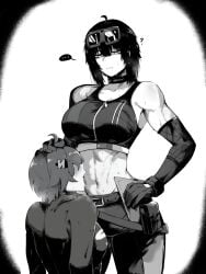 2girls abs armpits athletic athletic_female belle_(zenless_zone_zero) belly_button big_breasts black_and_white black_hair clothed dirty female female_abs female_only fit fit_female fully_clothed goggles goggles_on_head grace_howard hand_on_head hoyoverse kneeling licking licking_abs licking_body masoq095 mihoyo monochrome short_hair sports_bra sweat sweating sweaty tomboy yuri zenless_zone_zero