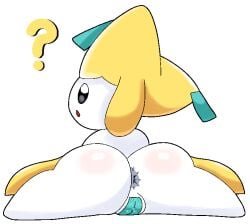 2024 anus ass camel_toe english_text female flexible generation_3_pokemon genitals jirachi legendary_pokemon looking_back nintendo open_mouth pokemon pokemon_(species) pussy pussy_tape question_mark rear_view slem solo splits spread_legs spreading tape text white_body