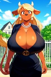 ai_generated big_eyes bovid bovine brown_eyes cleavage giant_breasts hands_at_side huge_breasts majorfluffy novelai pearl_earrings pearl_necklace tagme waist_belt