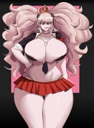 1girls alternate_body_type alternate_breast_size alternate_costume ass_visible_through_thighs blood_on_face bra breast_expansion cleavage crown danganronpa emmarrgus evil evil_smile female_only growth hair_ornament hand_on_hip heart huge_breasts implied_growth implied_transformation junko_enoshima licking_own_lips lingerie long_hair miniskirt navel panties pink_hair red_eyes revealing_clothes rolled_up_sleeves skindentation thick_thighs thong_straps tie_between_breasts twintails very_long_hair