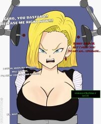 android_18 angry blonde_hair blue_eyes brain_drain breasts comic dialogue dragon_ball dragon_ball_z mind_break mind_hack pre-transformation restrained salazaru tech_control text transformation