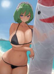 alternate_costume beach big_breasts bikini breasts emotionless emotionless_female green_hair indifferent light-skinned_female maid moriforest1040 mukanshin_pool parody robot robot_girl ruukoto sand sky surfboard thick_thighs thighs touhou touhou_(pc-98) unamused water